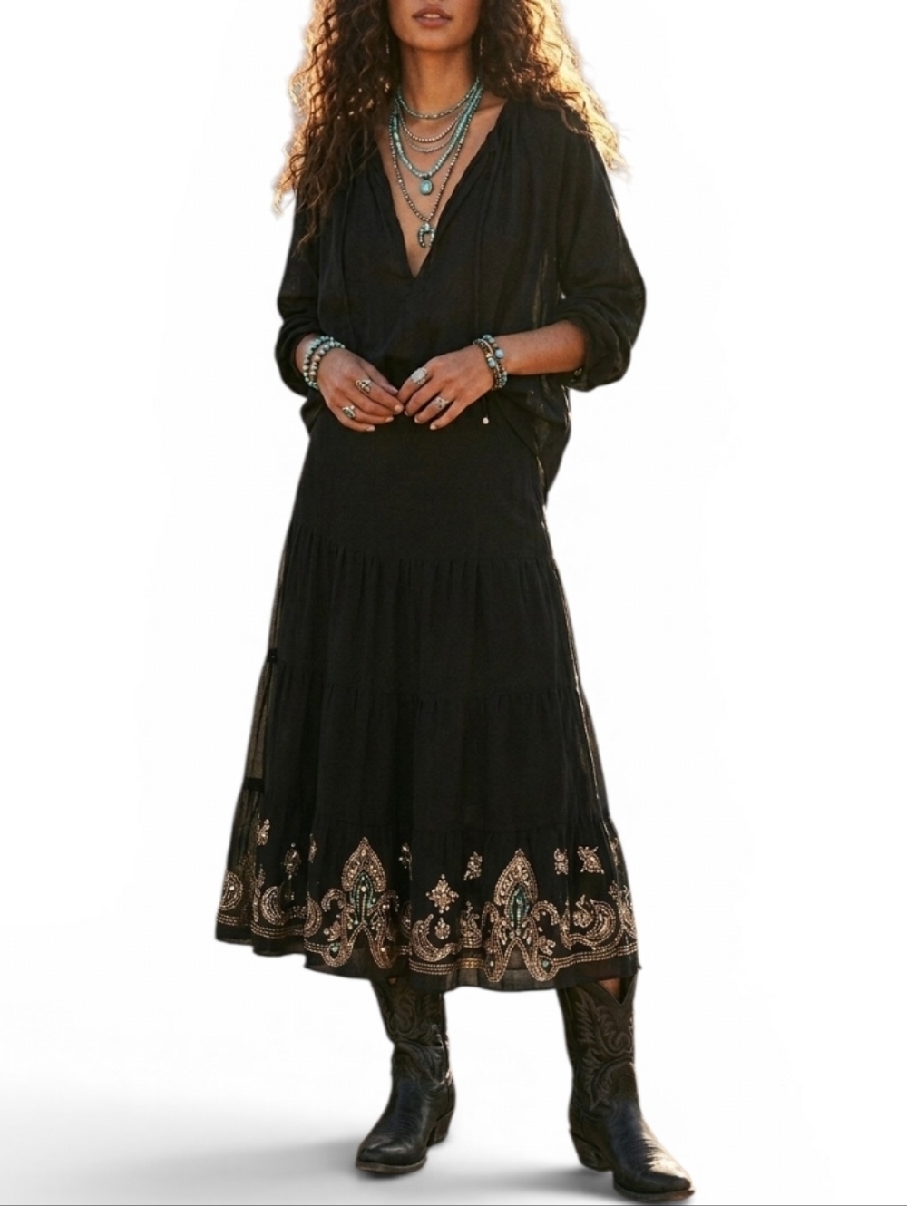 Ashim Vintage Black Tiered Sequin Midi Skirt Whimsigoth Bohemian Romantic Goth